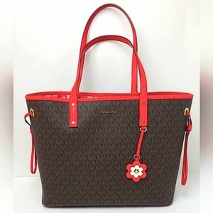 Michael Kors Large Carter Tote Brown/Begonia Red